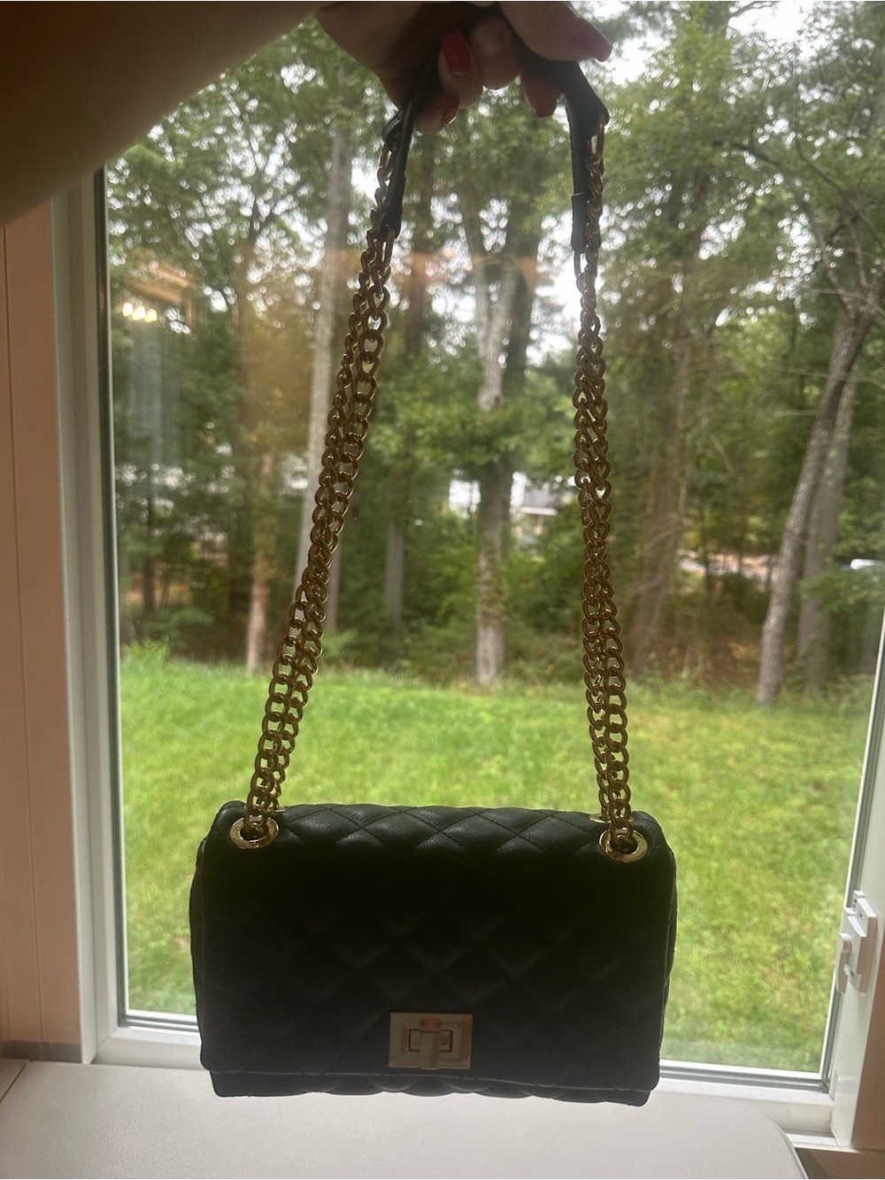 Black Quilted Faux Leather Shoulder Bag with Gold Chain